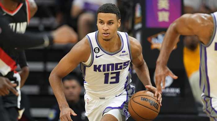 Oct 9, 2022; Sacramento, California, USA; Sacramento Kings forward Keegan Murray (13) dribbles against the Portland Trail Blazers during the third quarter at Golden 1 Center.